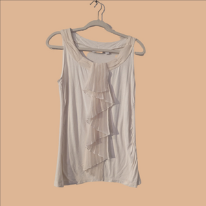 New York & Company M Cream Sleeveless Ruffle Blouse Rouging Sides